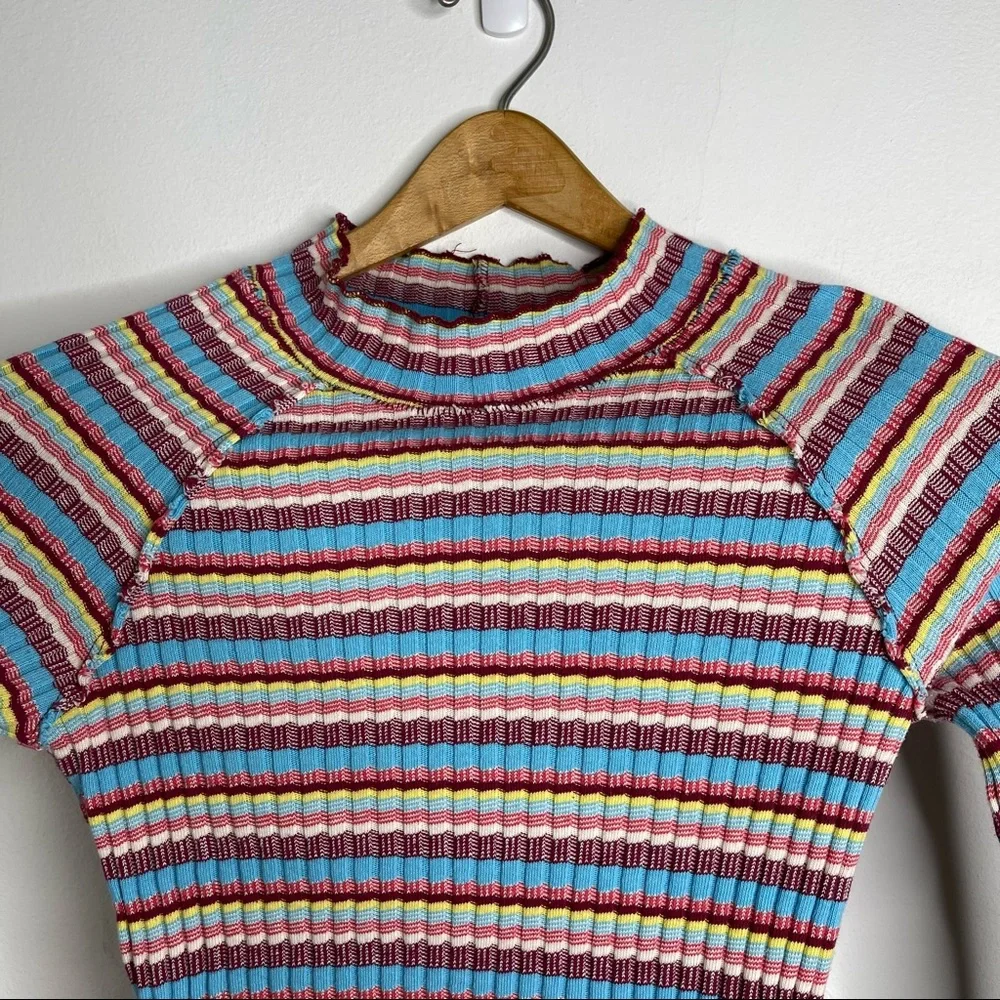 Free People Retro Mirror Blue Striped Mock Neck Ribbed Long Sleeve Crop Top Sz S - Picture 8 of 16